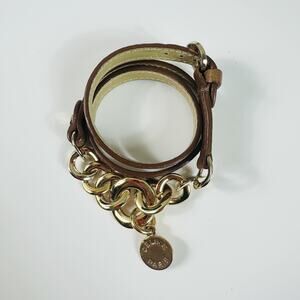 Celine Brown Leather Double Wrap Chain Bracelet Gold Tone Triomphe Logo Charm